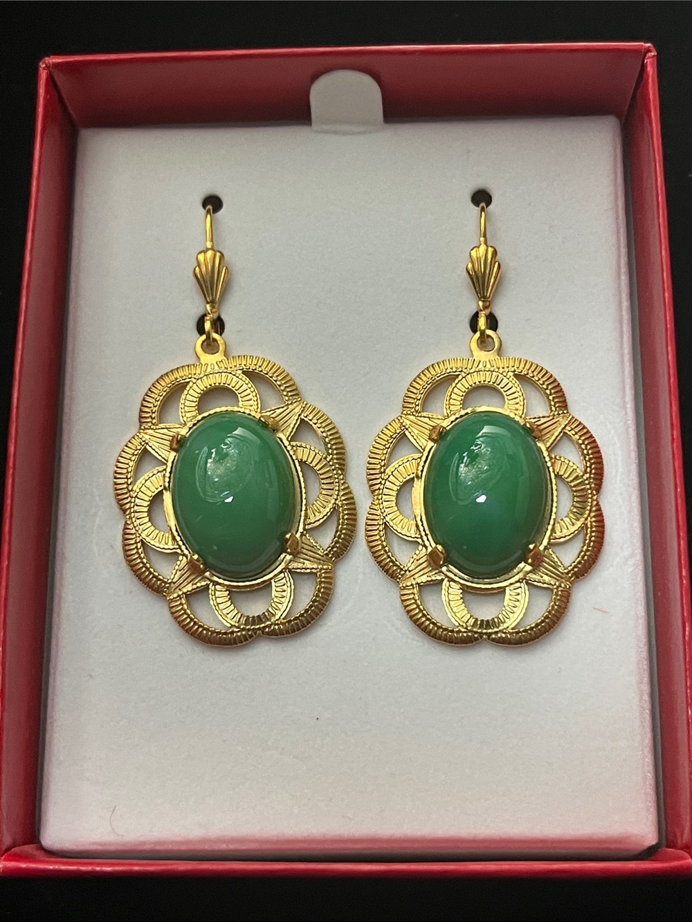 Gold Filigree Drop Earrings with Green Oval Cabochon